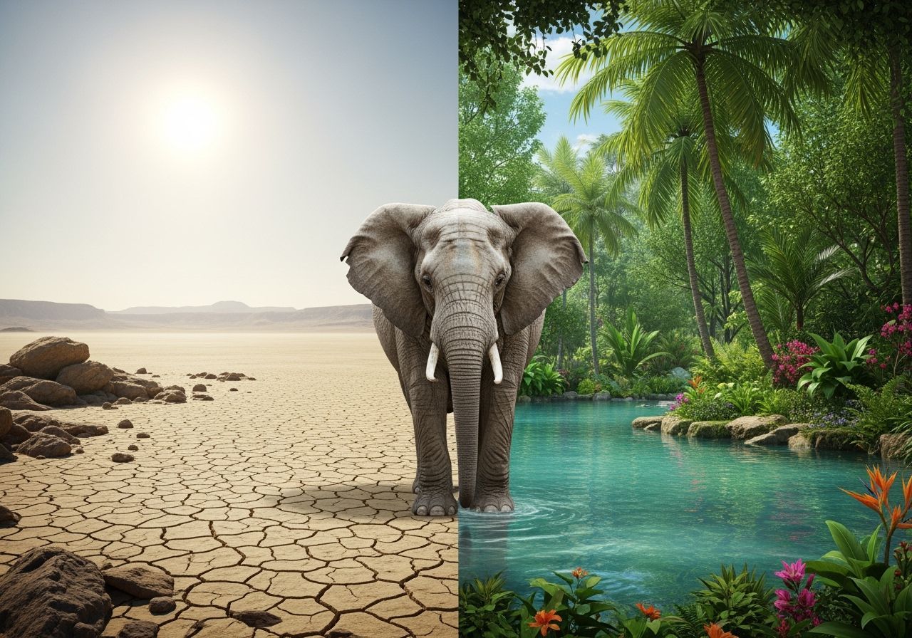 Desert Oasis Split Screen with Weary Elephant
