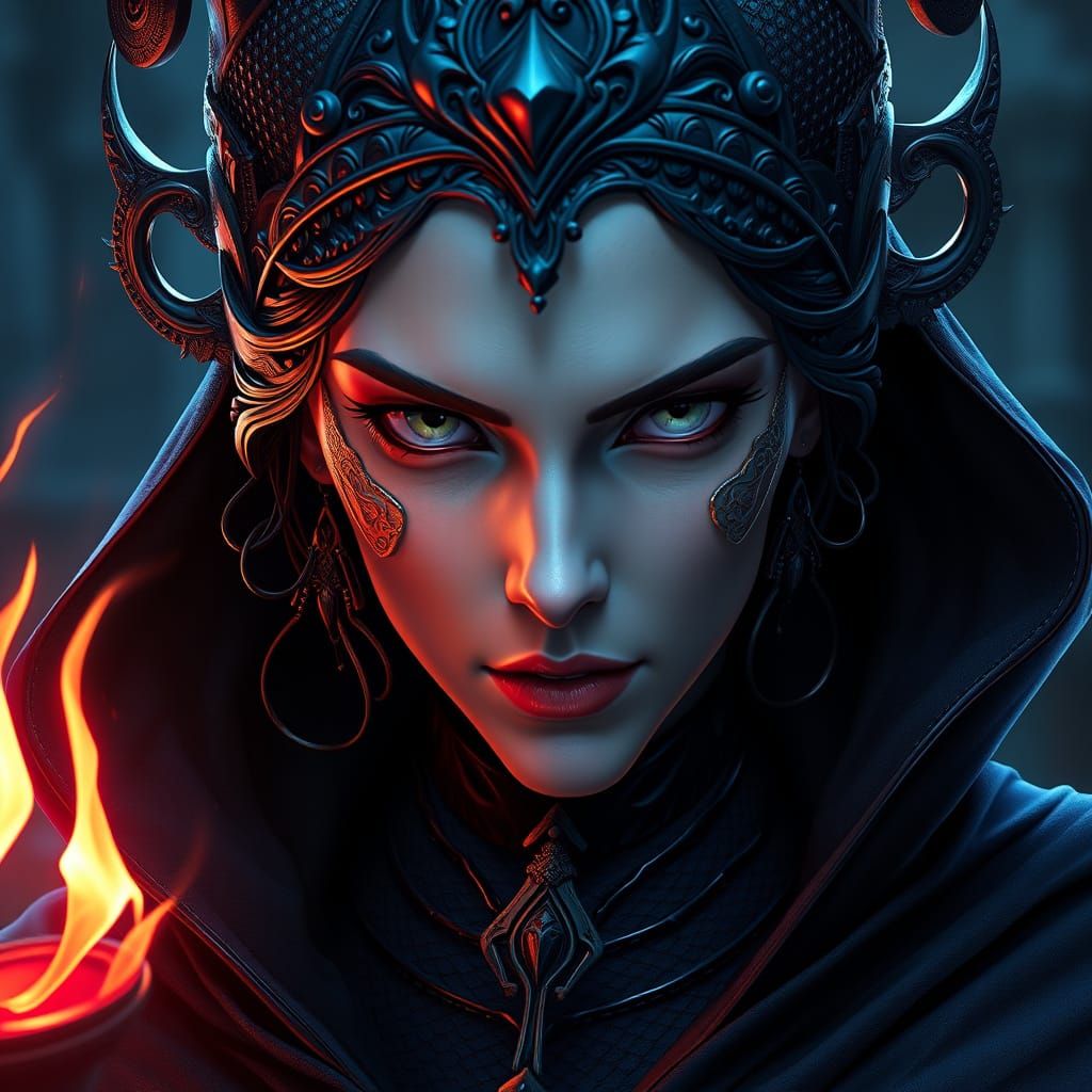 Dark Blue Mystic Sorceress Portrait in Cyberpunk Anime Style