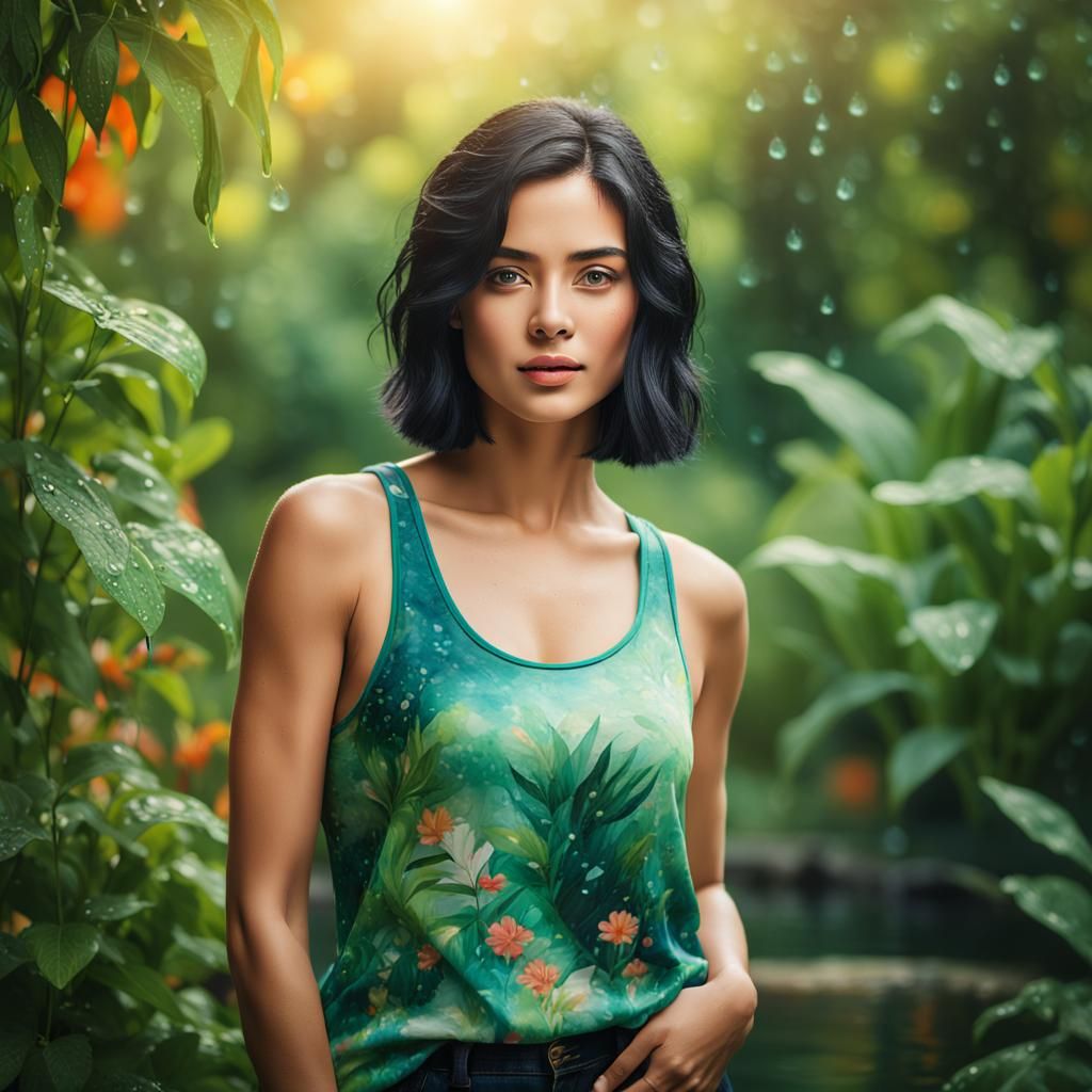 Beautiful Woman in Lush Garden: Vibrant Portrait