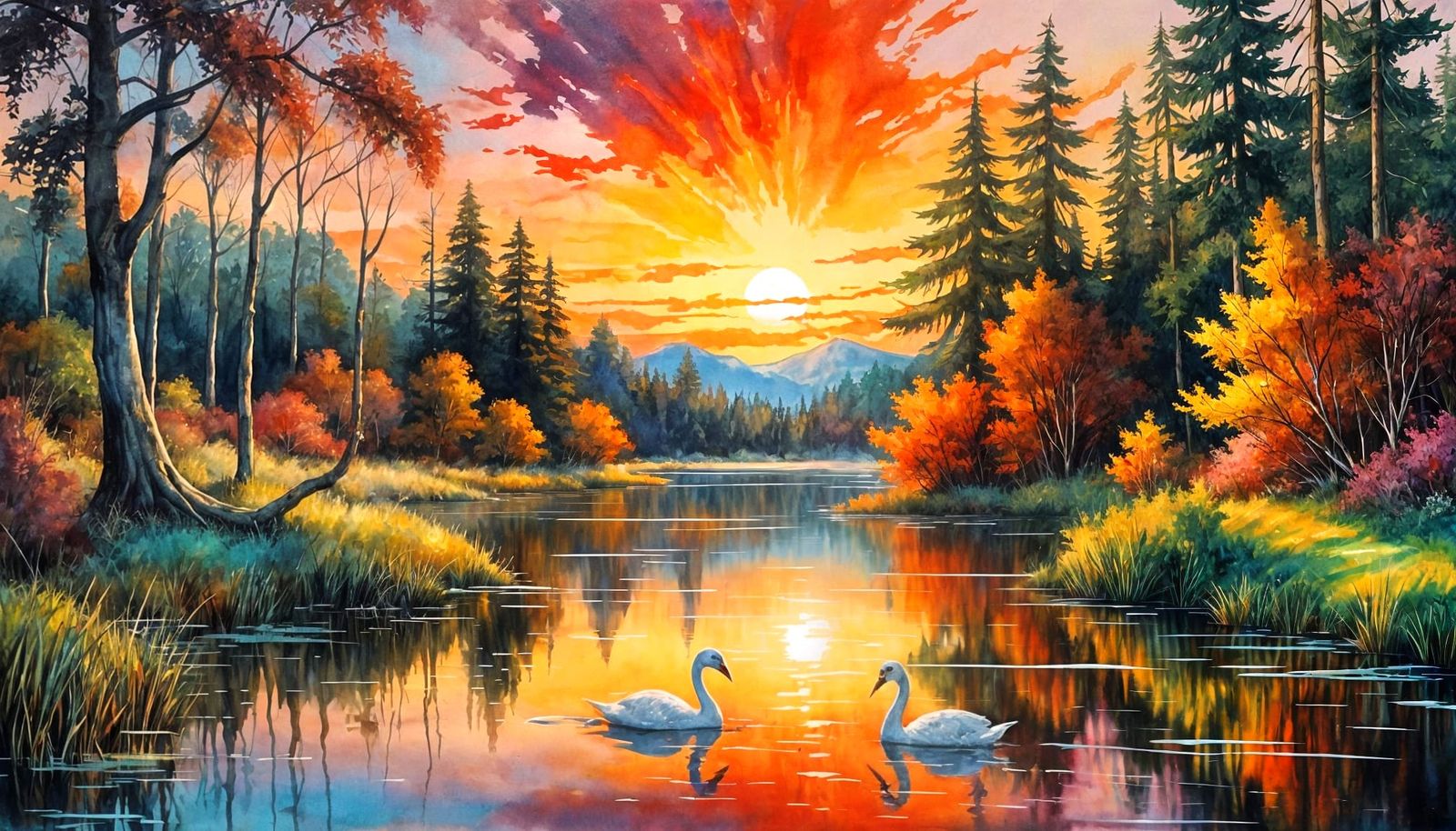 Expressionist Summer Landscape with Lake and Sunset