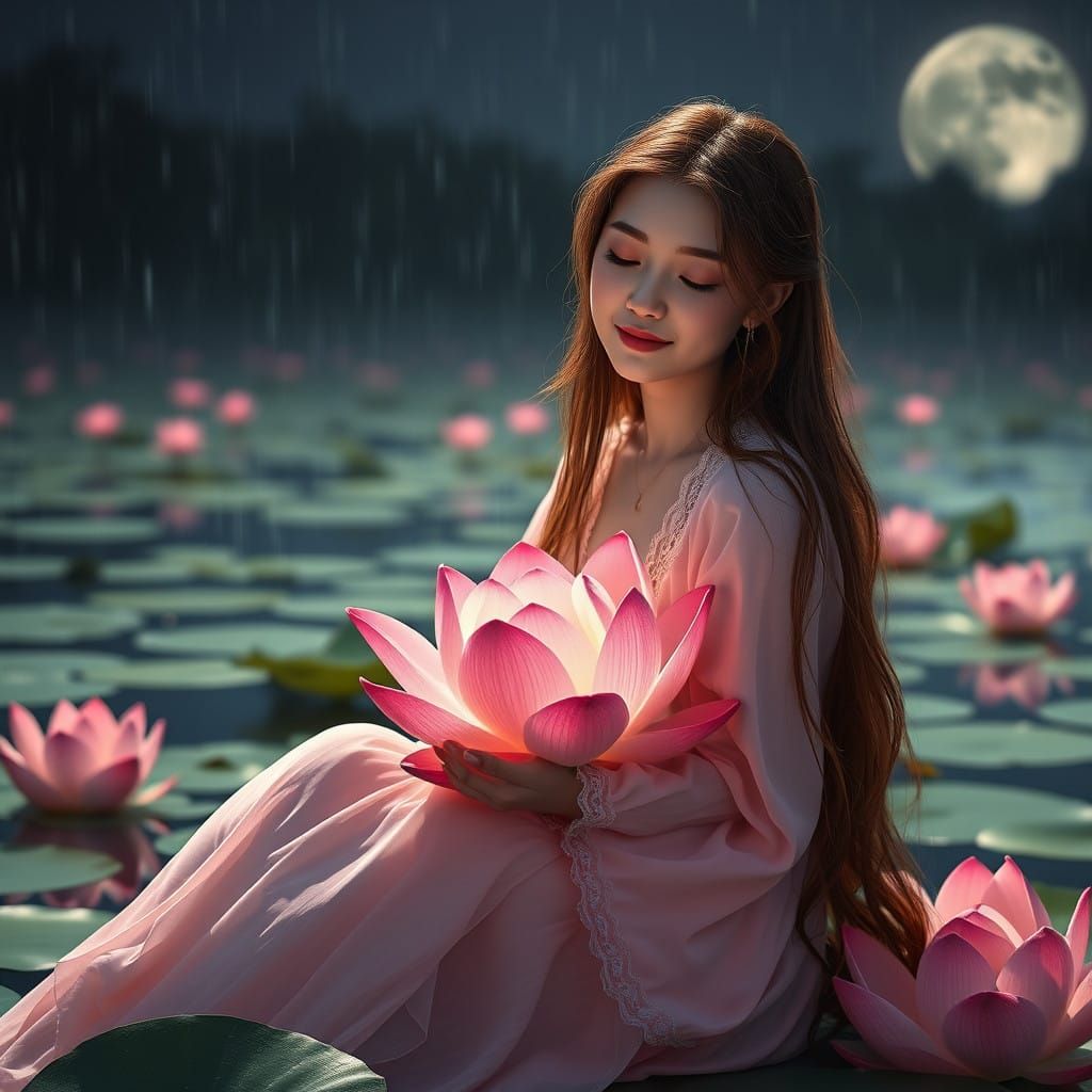 Ethereal Lotus Lake Scene in Dreamy Nighttime Atmosphere
