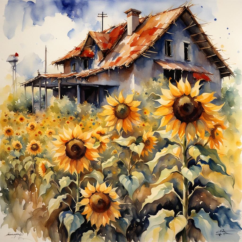 Sunflowers Bloom: Watercolor Painting of Bungalow