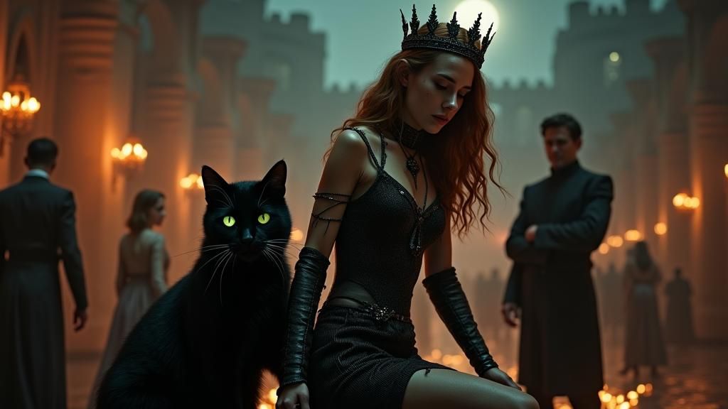 Gothic Castle Scene with Woman and Cat in 8K