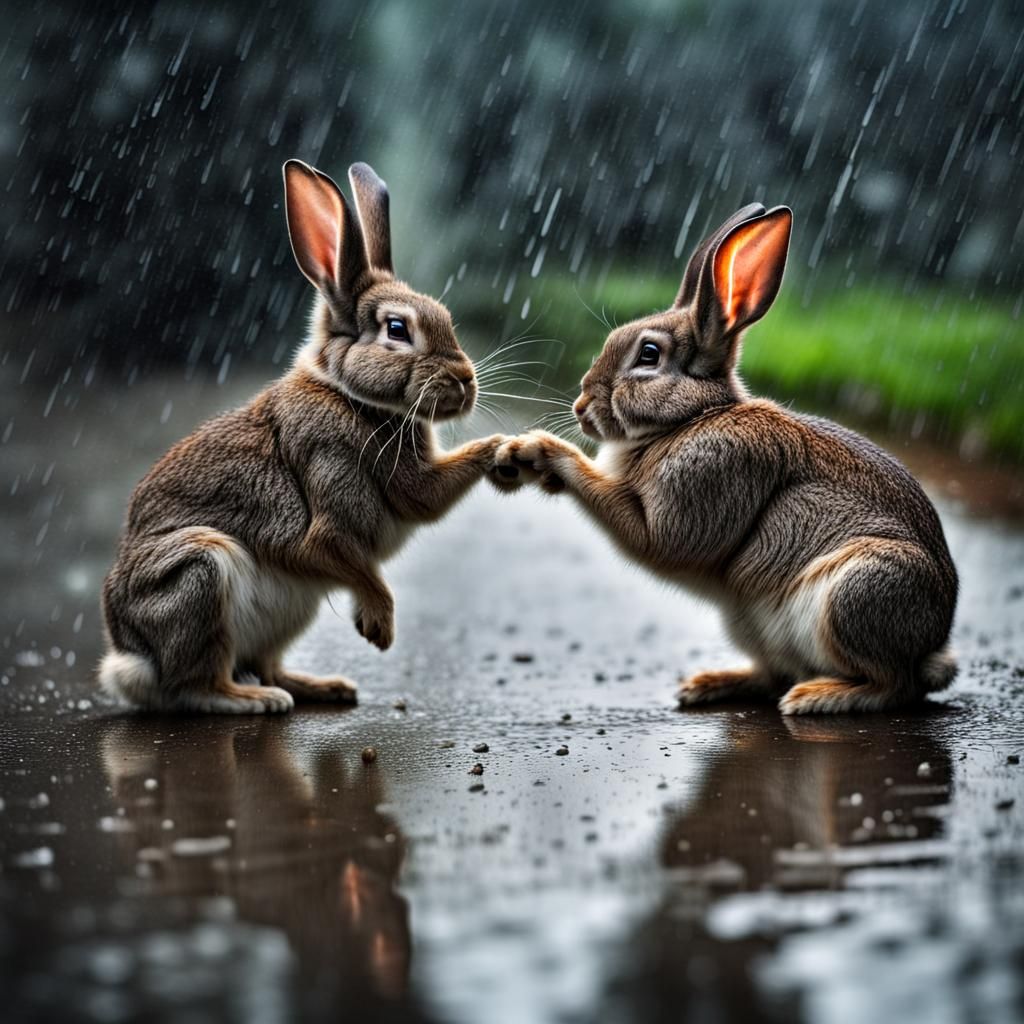 Rabbits Quarreling in the Rain: Hyperrealistic Image