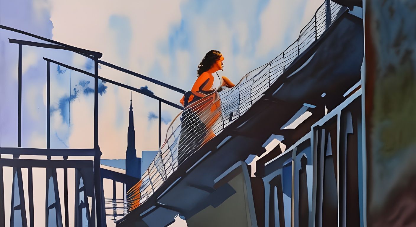 Woman on Fire Escape in Gouache Watercolor Style