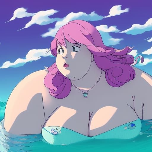 Obese Mermaid Queen in Studio Ghibli Style