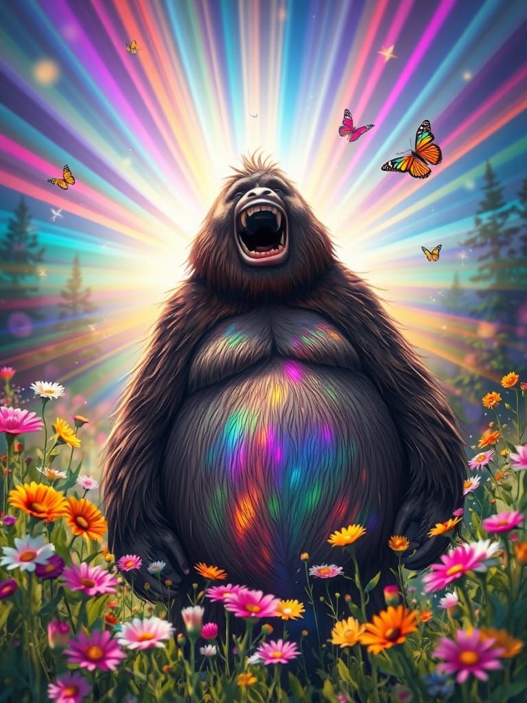 Joyful Sasquatch Laughing in Prismatic Light
