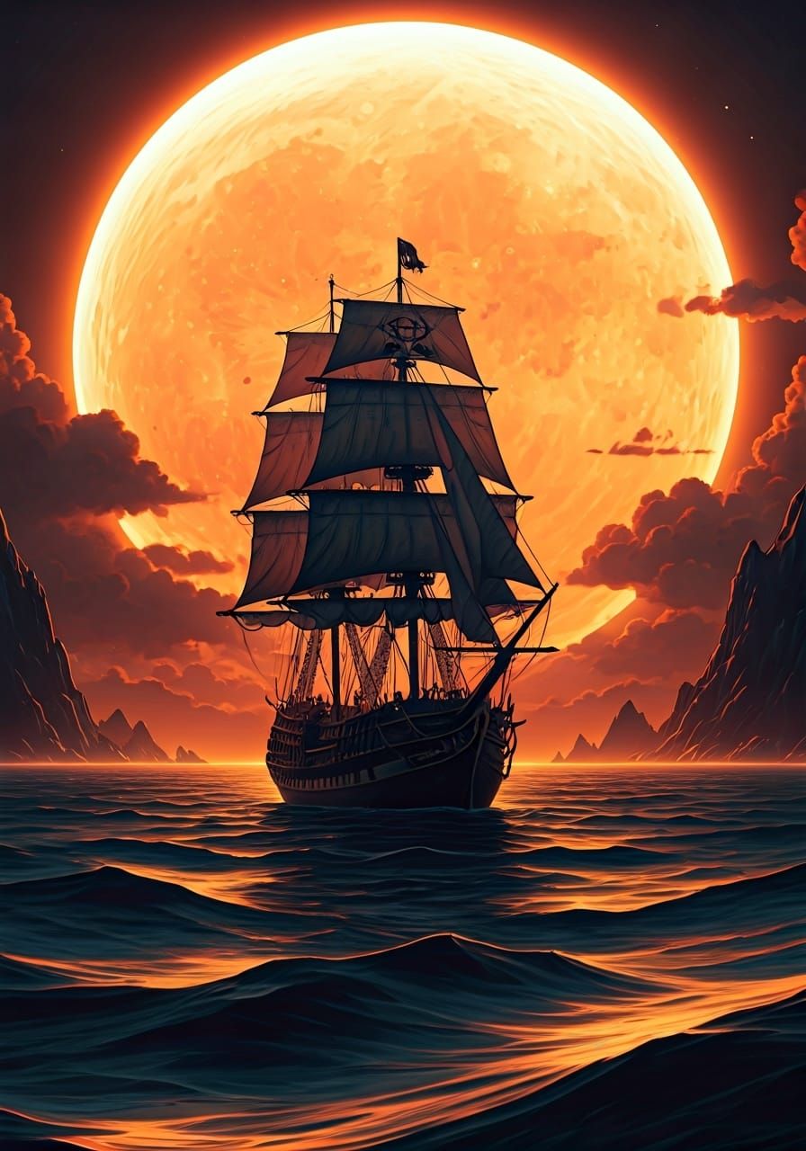 Pirate Ship Under Colossal Moon: Painterly Landscape