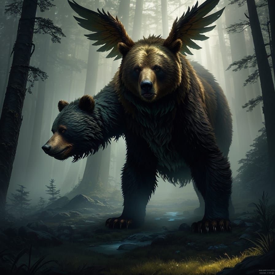Mythical Flying Bear Hunts in Bioluminescent Forest