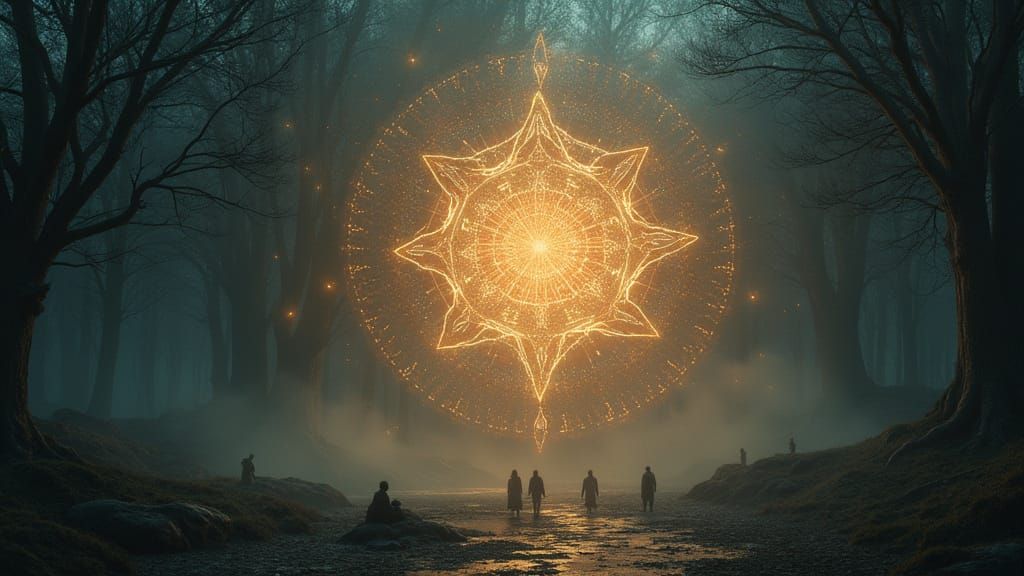 Mystical Thaumaturgic Scene with Glowing Runes