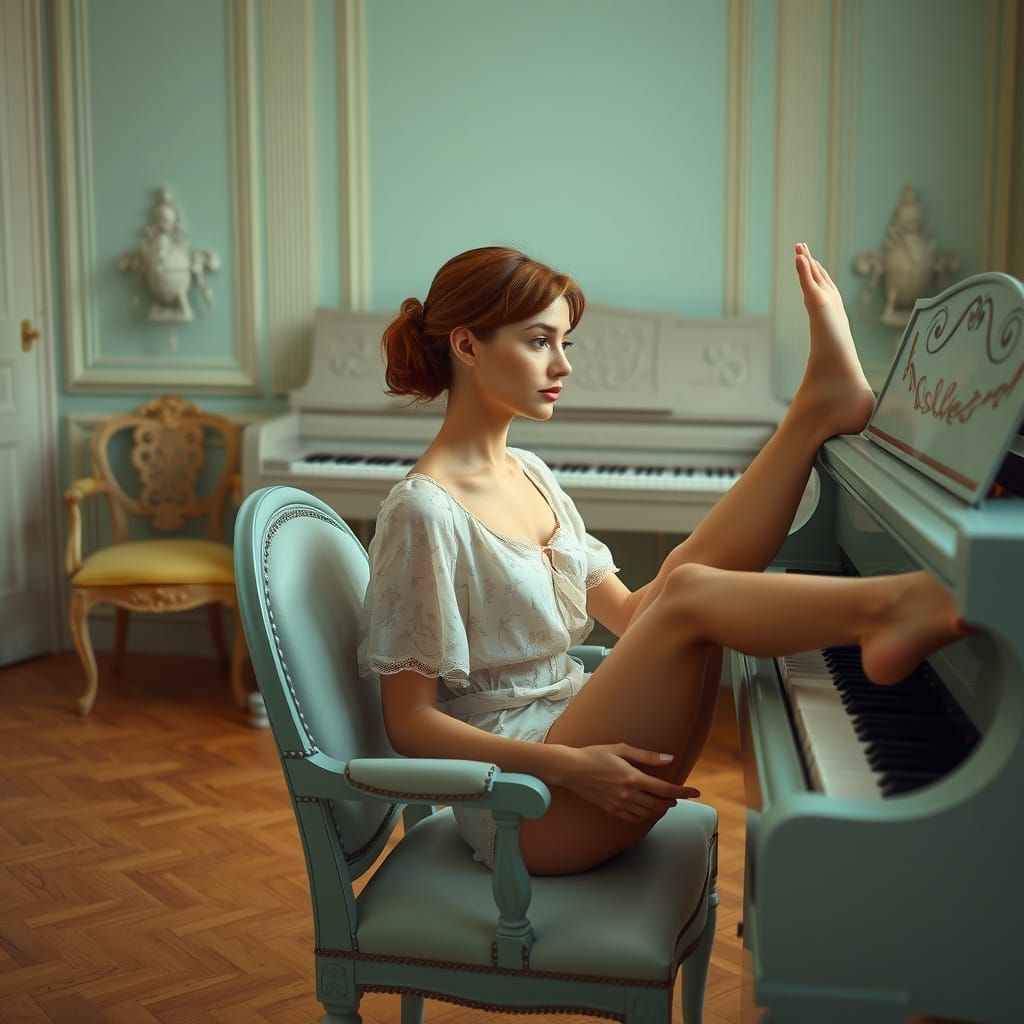 Contemplative Woman with Piano Keys in Realistic Style