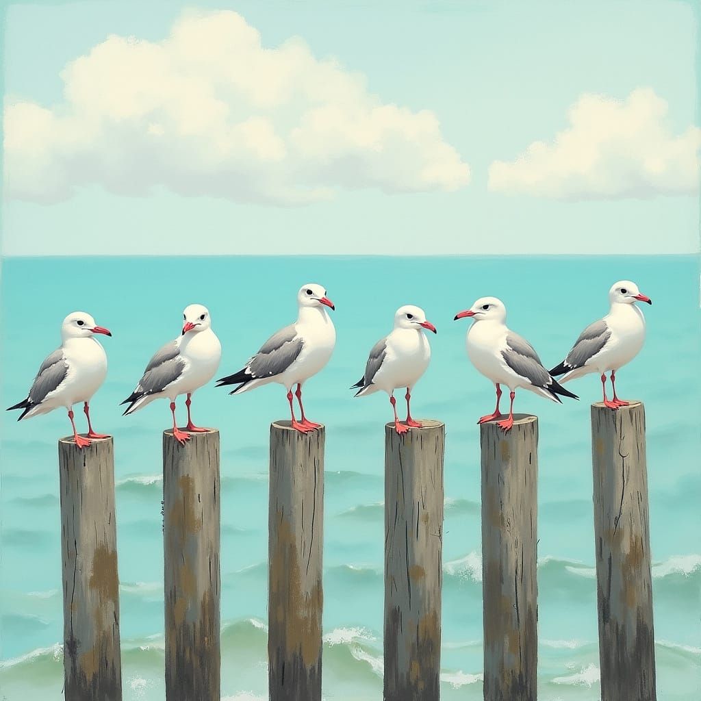 Seagulls Perch on Weathered Pier in Serene Turquoise Seascap...