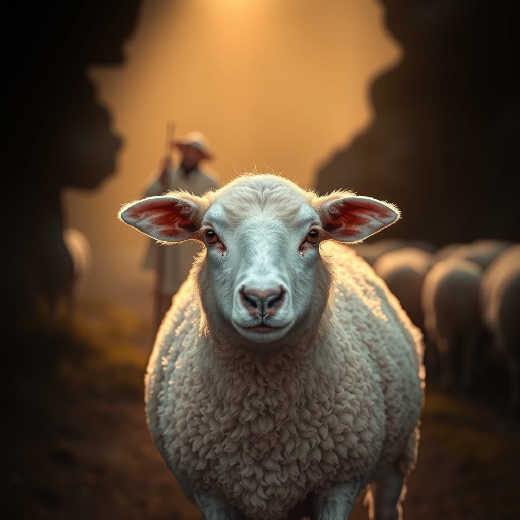 Wise Sheep Walks Through Shadowy Valley