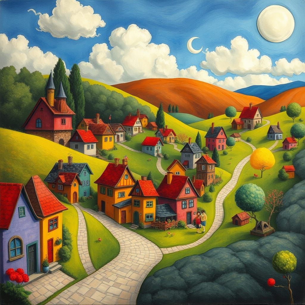 Whimsical Village in Expressive Style