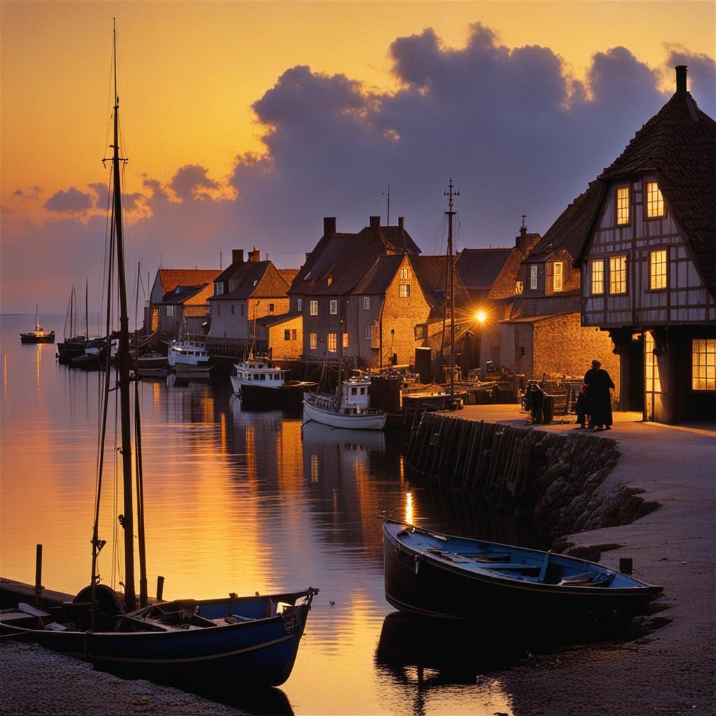 Danish Harbor in Evening Light: Landscape Painting