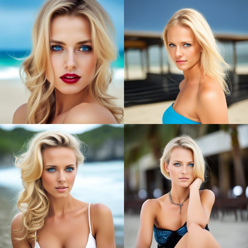 Blonde Woman with Blue Eyes on a Beach