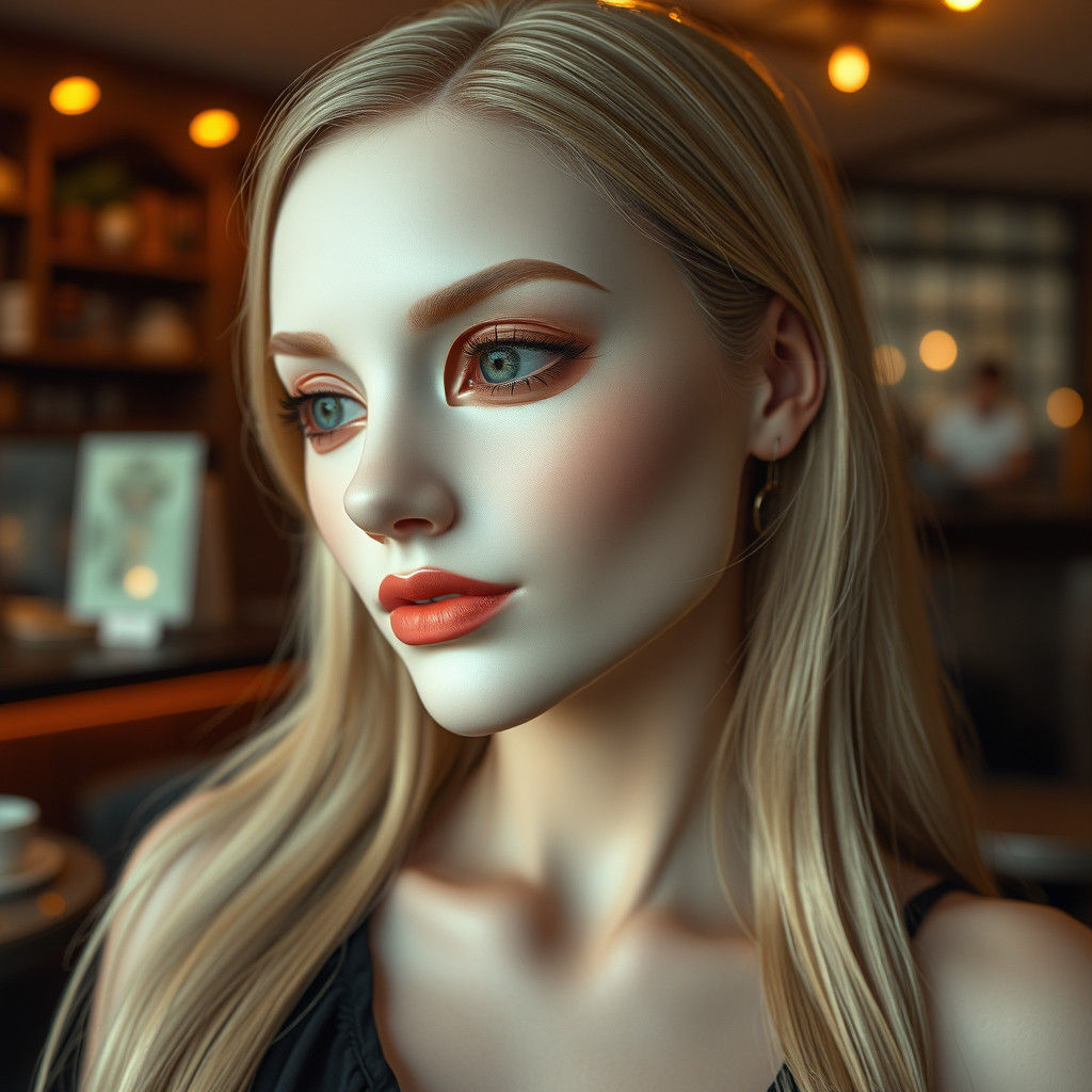 Enigmatic Blonde Mask in Coffee Shop, High-Fashion Photograp...