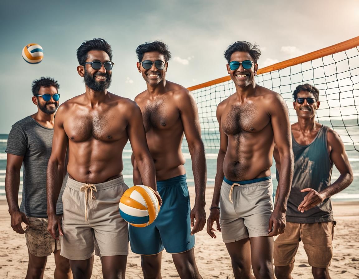 South Asian Men Play Beach Volleyball: Detailed Matte Painti...