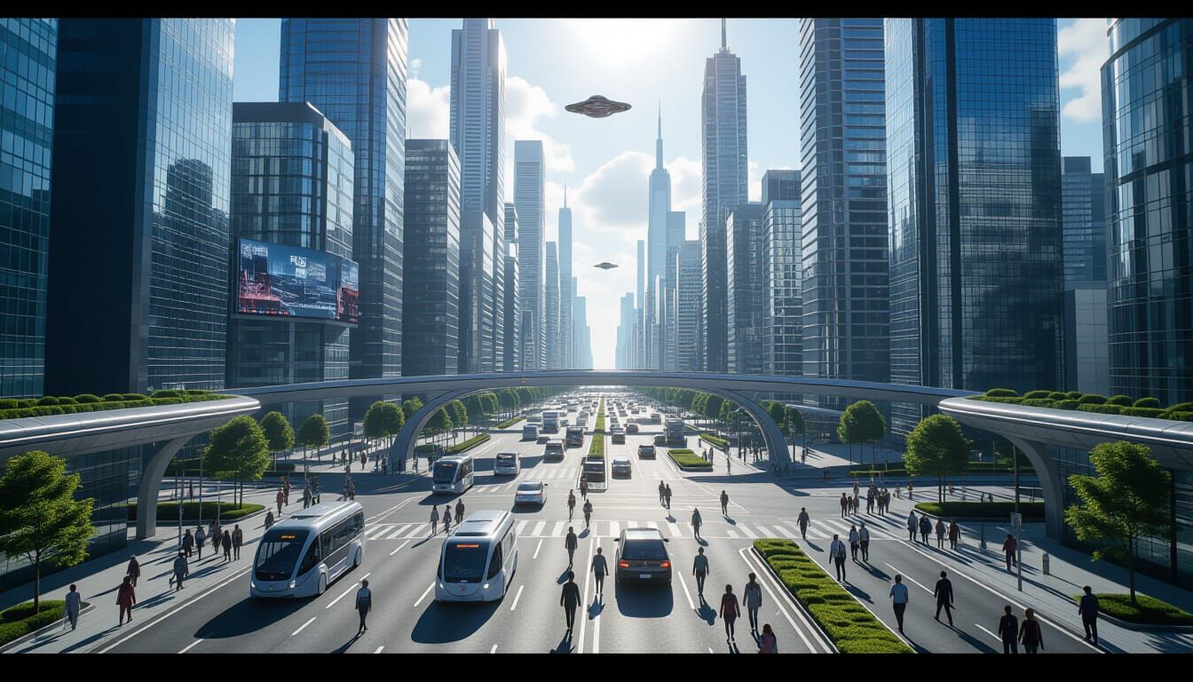 Futuristic Cityscape with Flying Vehicles and Greenery