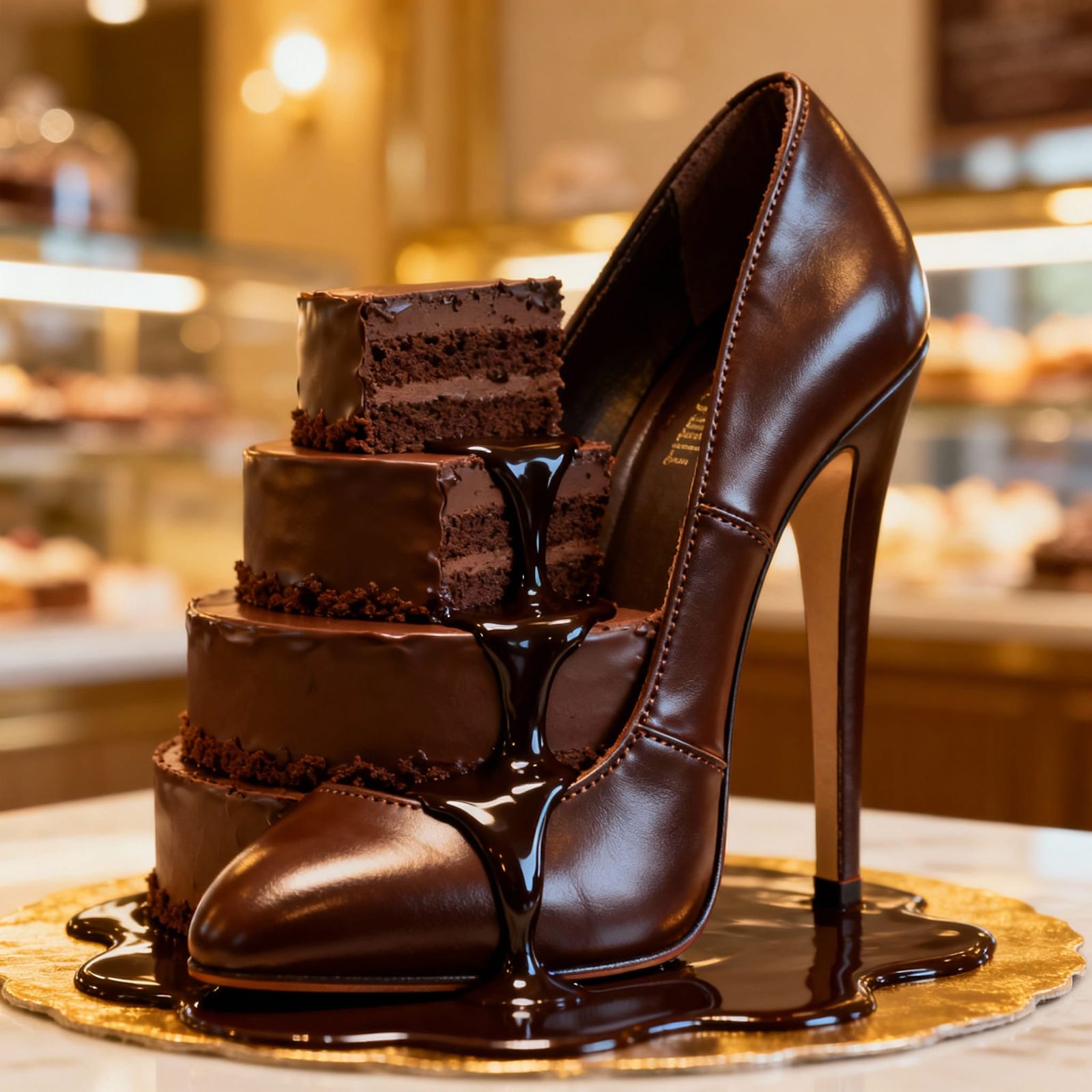 Hyperrealistic 3D Chocolate Cake Shoe with Molten Drizzle