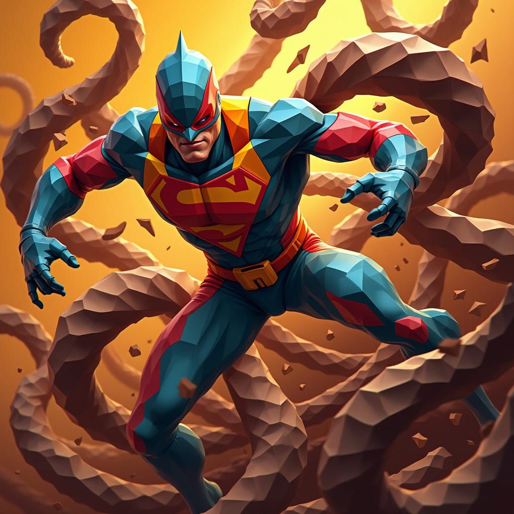 Cubist Superhero Tangled in Chocolate Tentacles