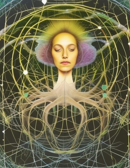 Woman on Stargazing Platform in Fungi Mycelium Network