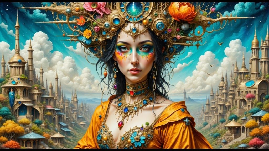 Woman in Surreal World as Hyper-Realistic Gouache and Waterc...