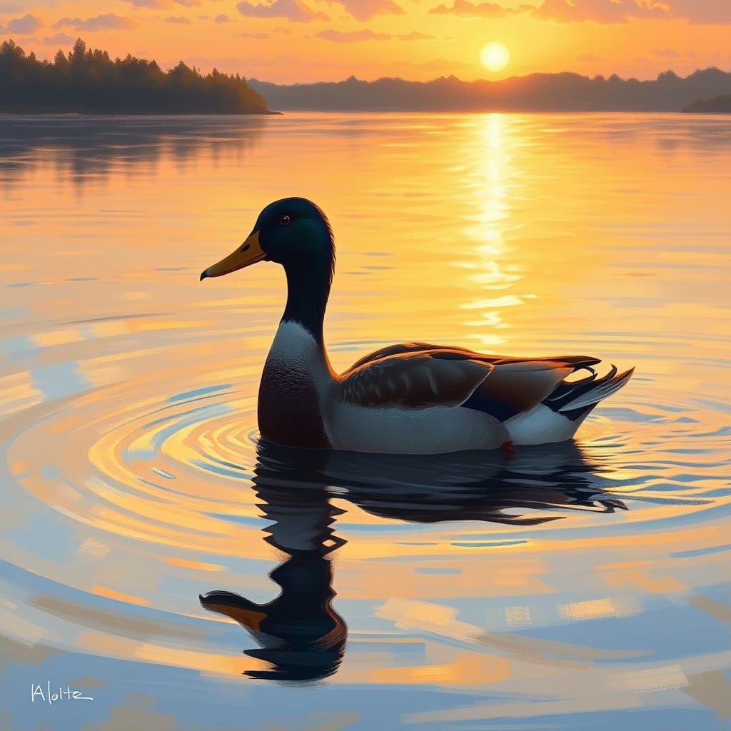 Duck in Lake at Sunset: Impressionist Style