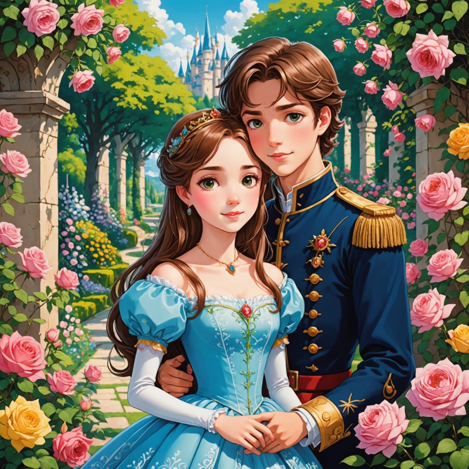 Anime Princess and Prince Hide in Rose Garden