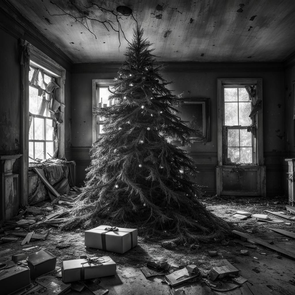 Sinister Monochrome Christmas Tree in Abandoned Room