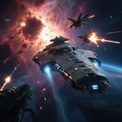 Starship Battles Through Dangerous Nebula in Cinematic Style
