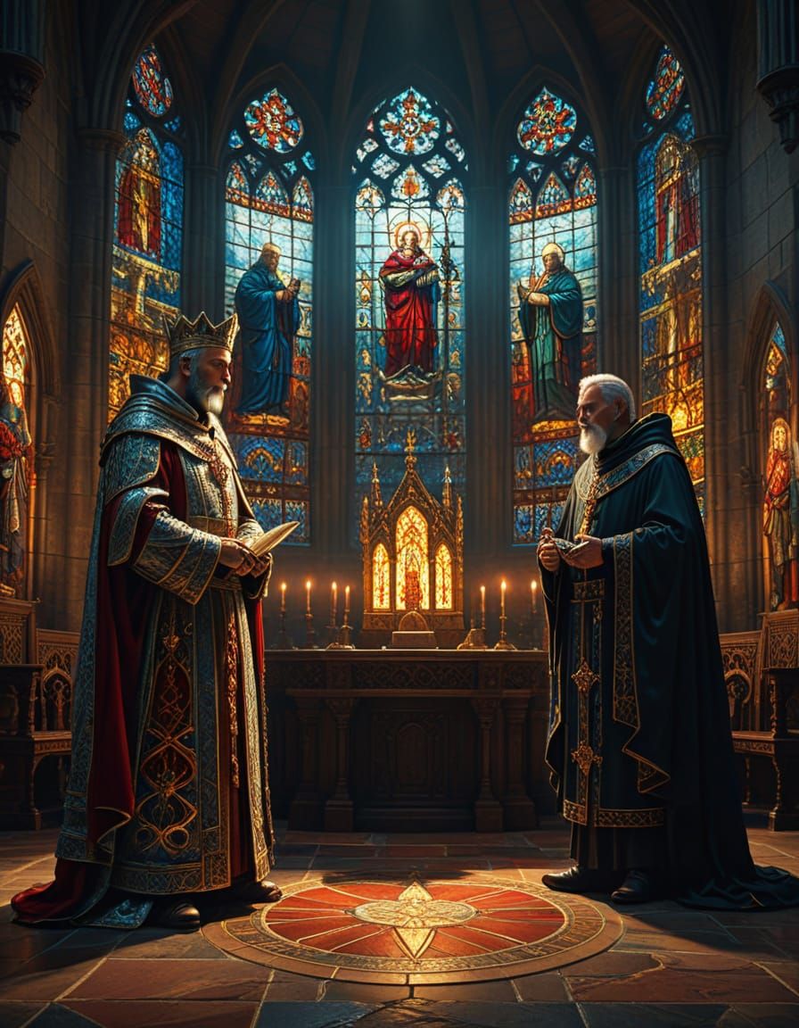 King Arthur Knights New Member by Altar in Gothic Style