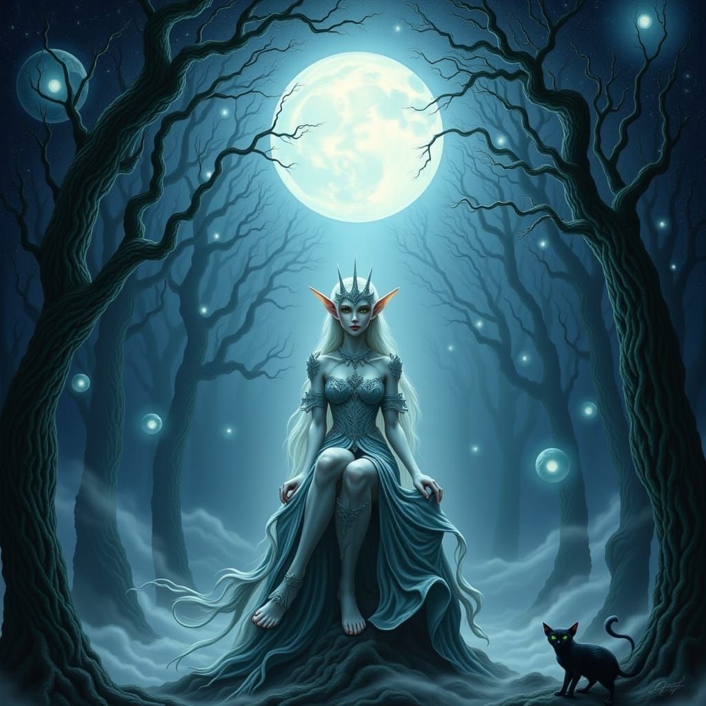 Elven Queen in Shimmering Silks Under Moonlit Canopy