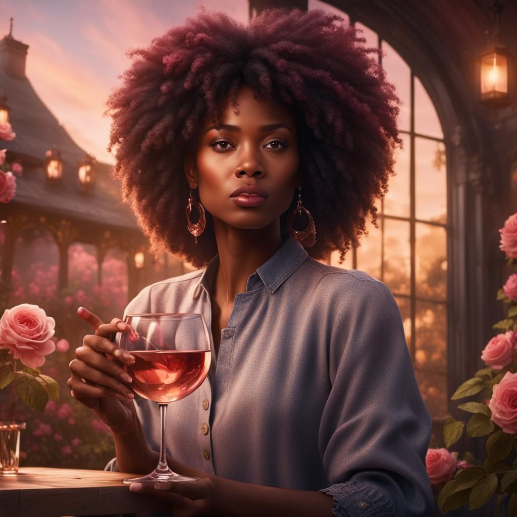 Young Woman Drinking Rosé: Detailed Matte Painting