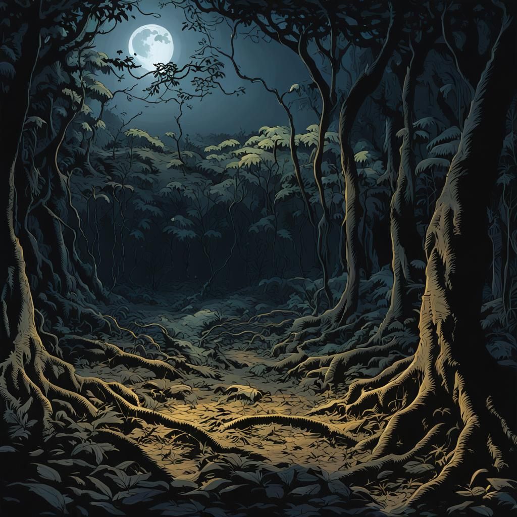 Moonlit Jungle Clearing with Eerie Shadows