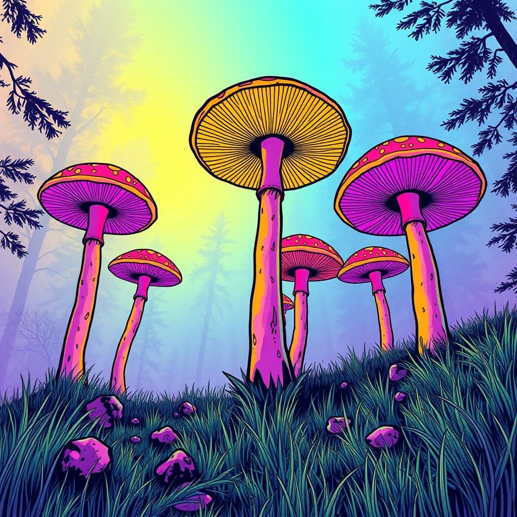 Luminescent Mushrooms in Pop Art Style