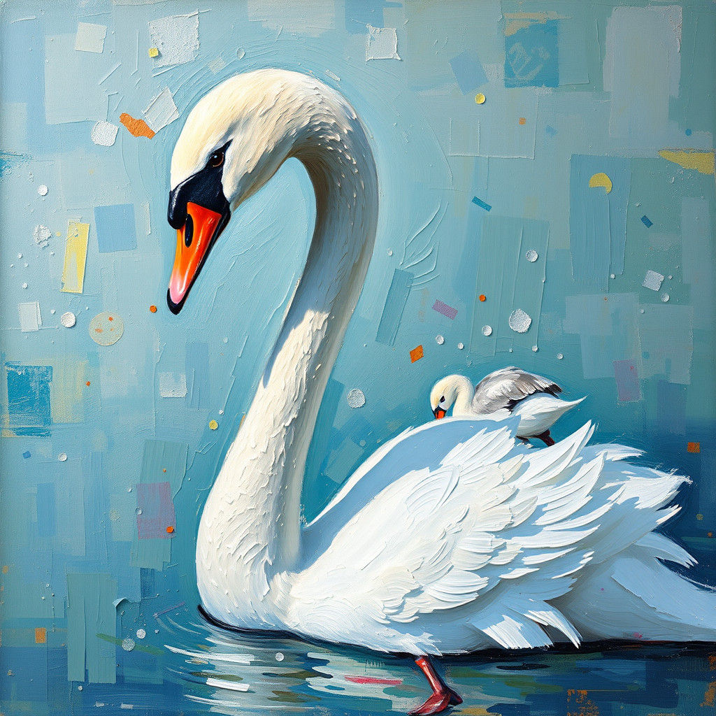 White Swan with Crown: Expressionist Oil Painting