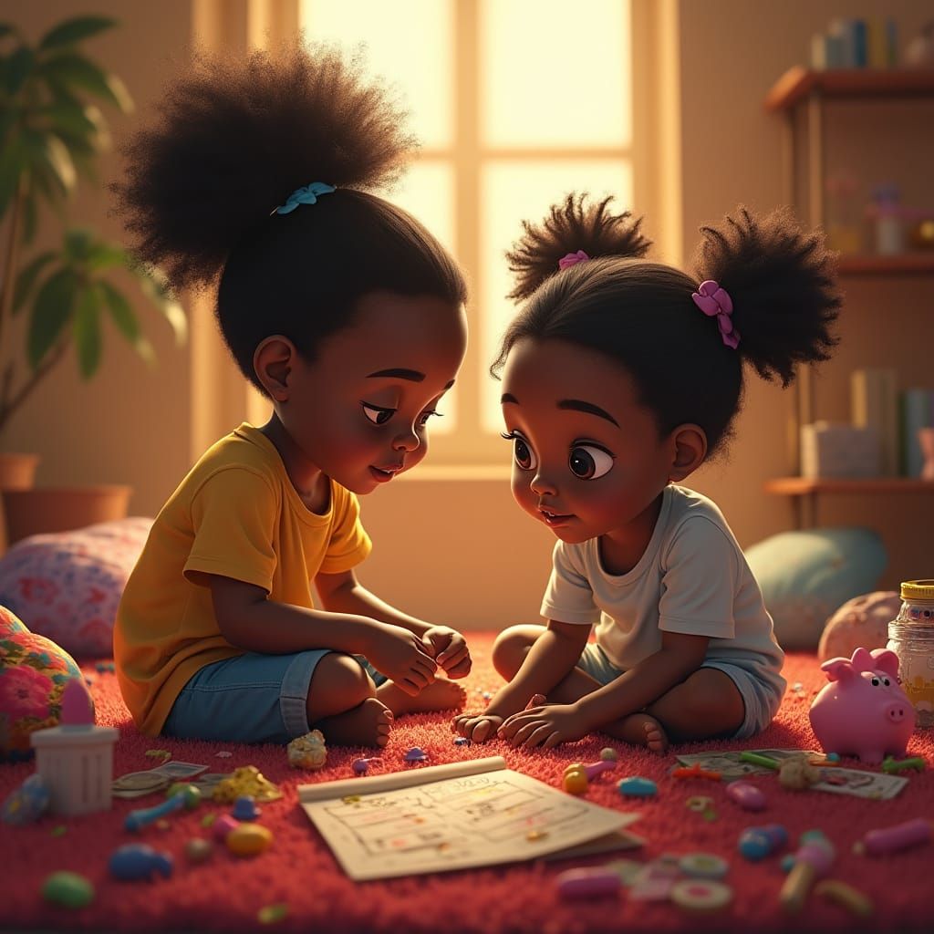 African American Kids Counting Toys and Savings in a Vibrant...