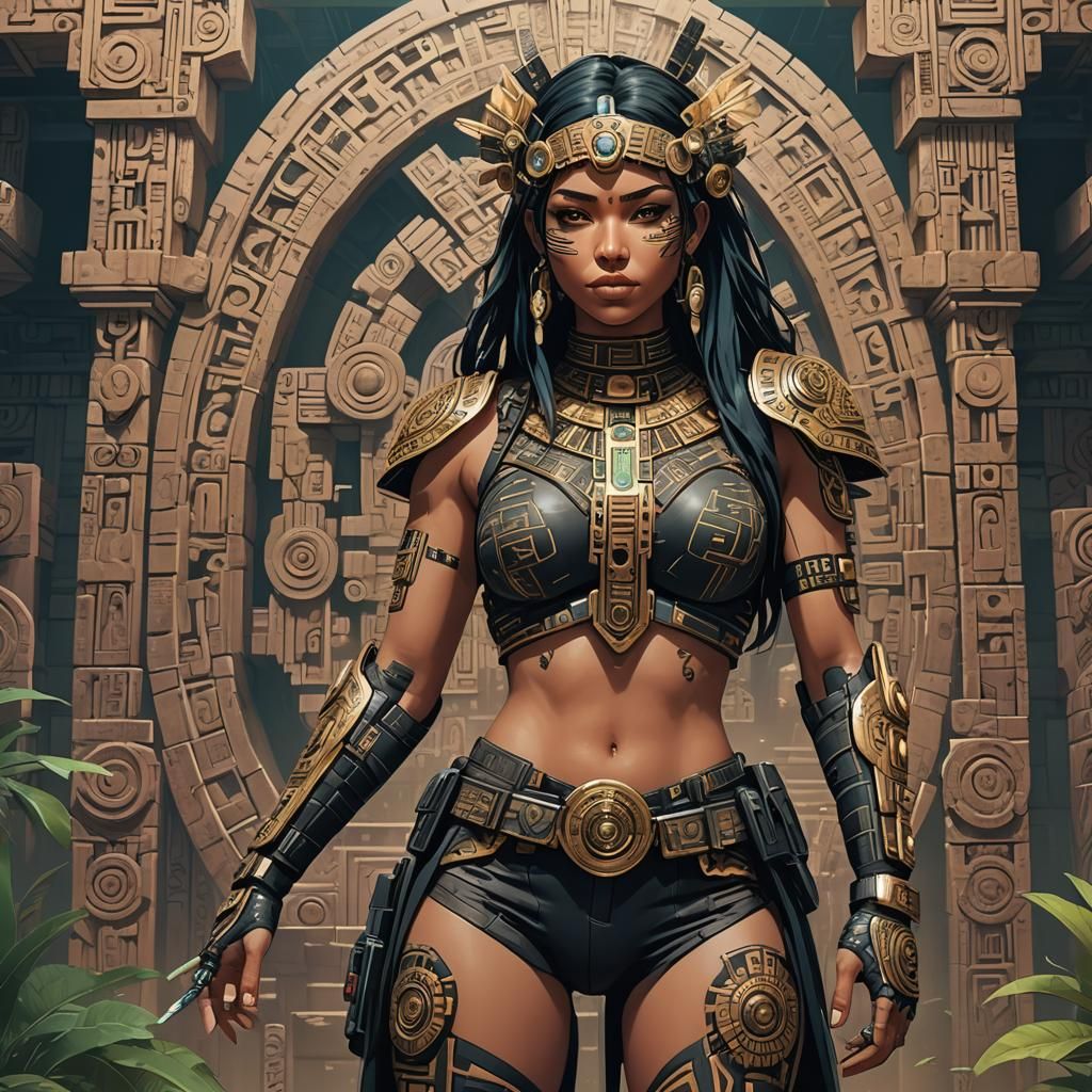 Mesoamerican Cyberpunk Goddess in Anime-Inspired Bodysuit