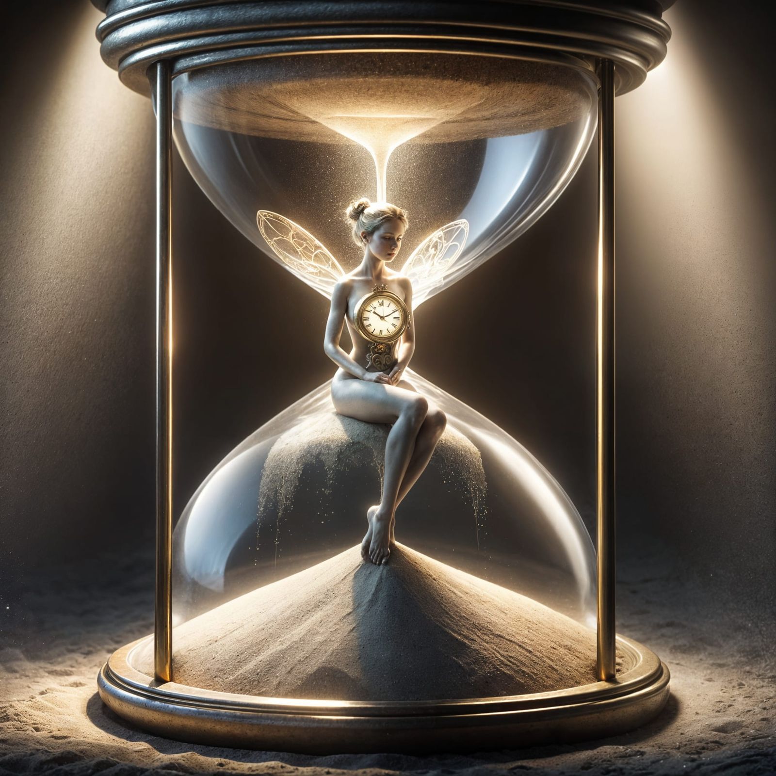 Realistic Time Fairy Seated Amidst Shifting Sand Dunes