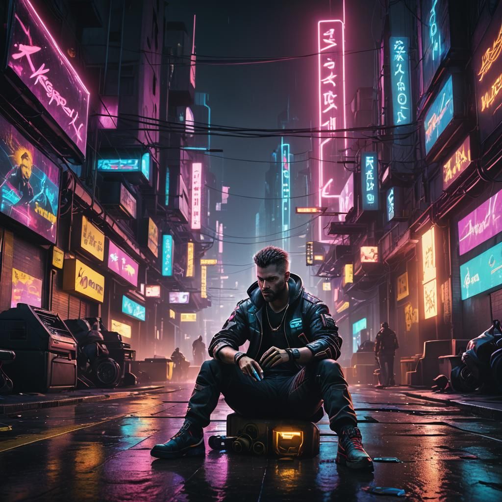 Cyberpunk Gamer in Neon Cityscape Concept Art