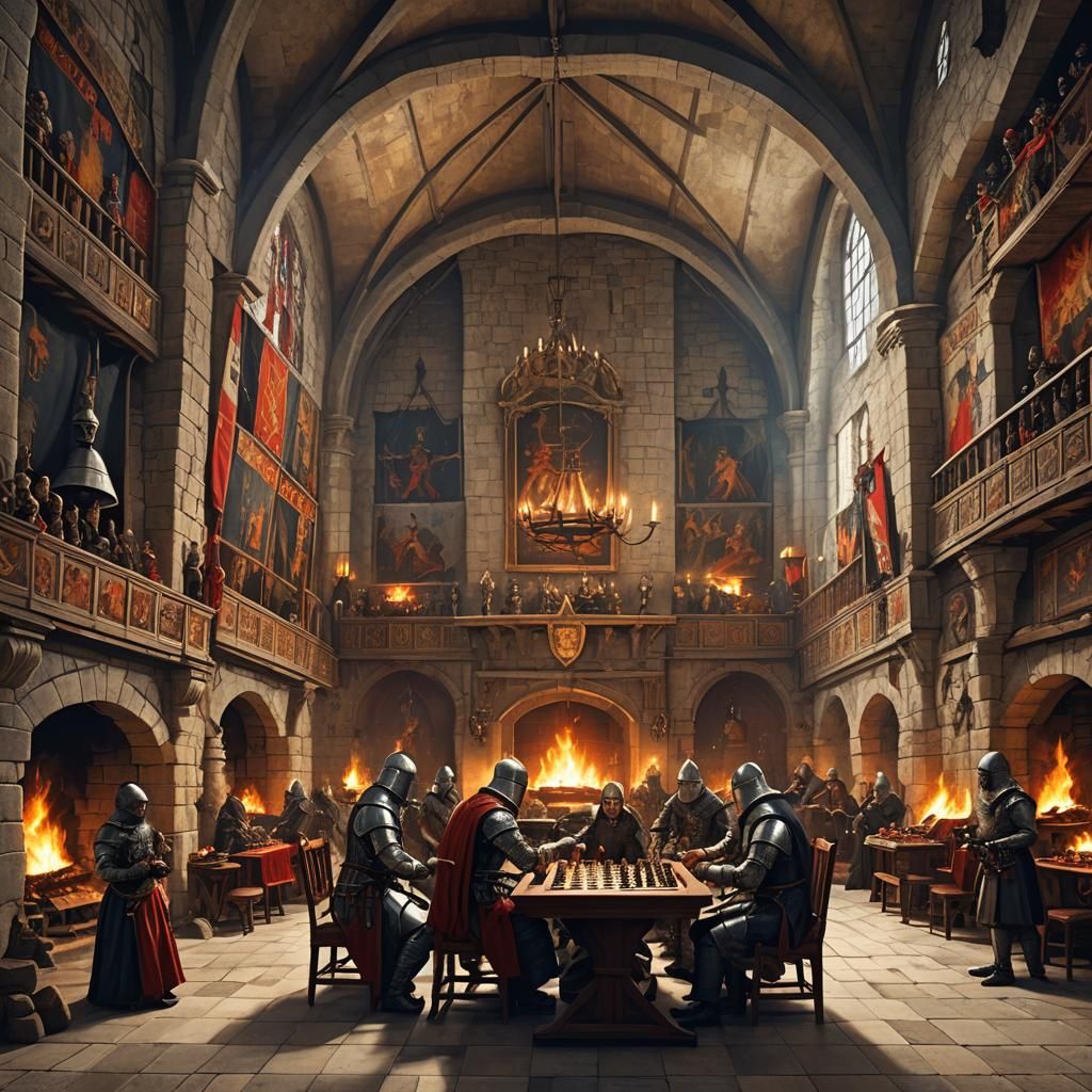 Medieval Knights Chess Game in Castle Hall