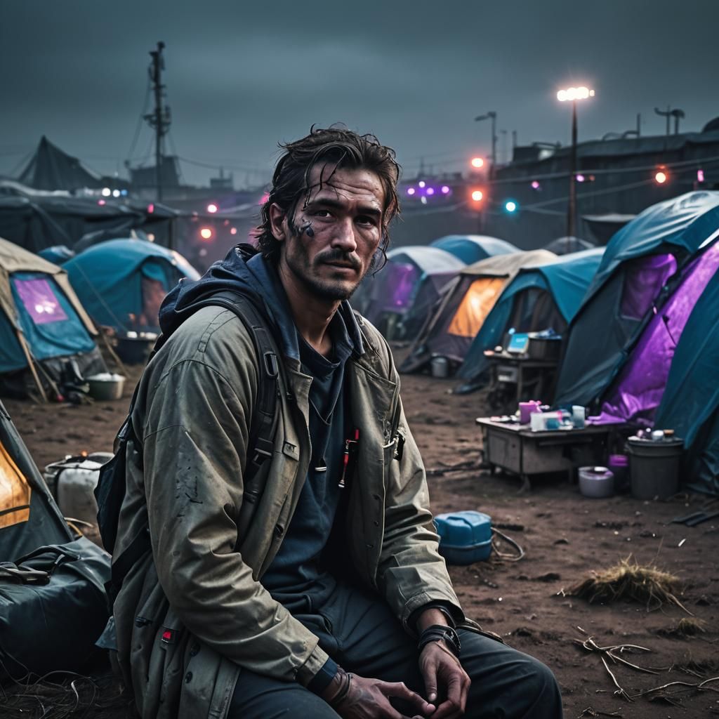 Cyberpunk Medtech in Nomad Camp: Gritty Sci-Fi