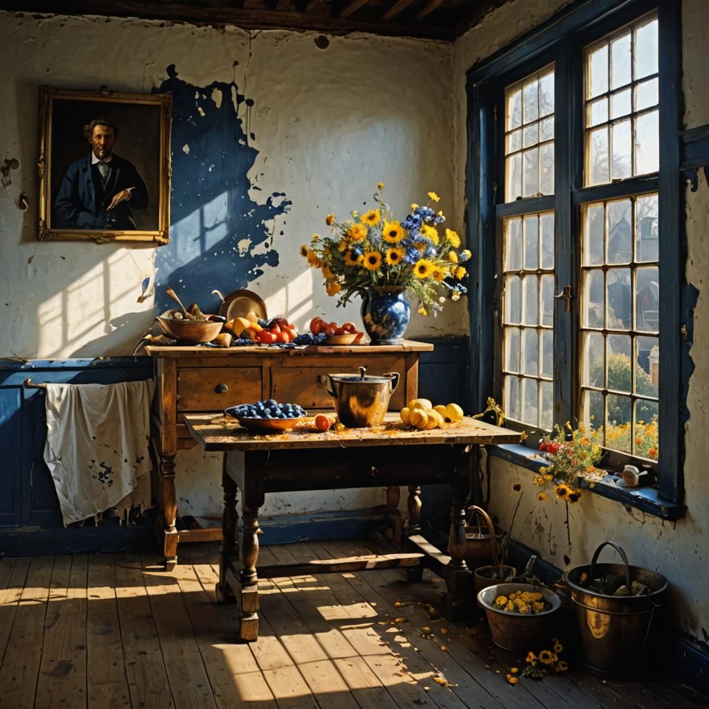 Flowers on Butcher Table: Hyperrealist Magical Realism
