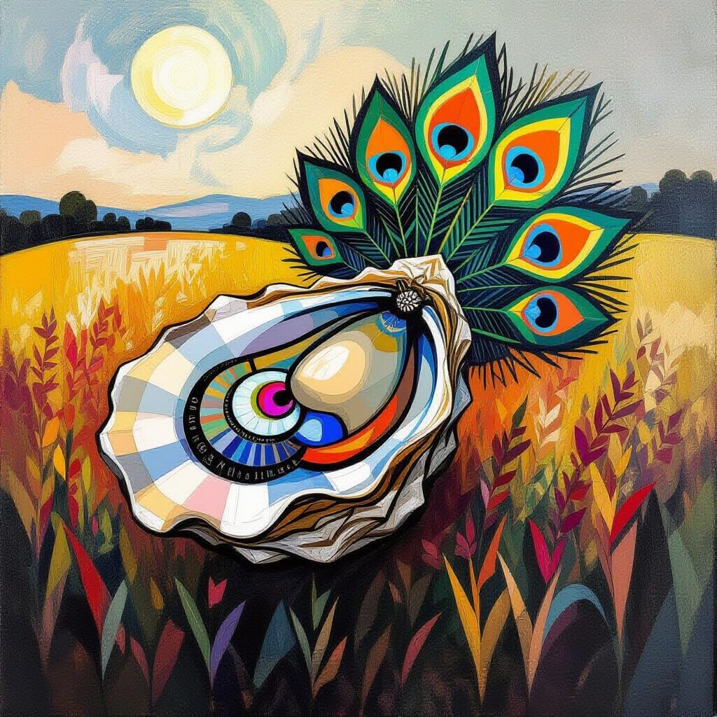 Oyster with Peacock Tail Walks Through Field in Cubist Style