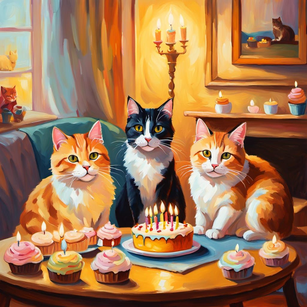 Warm Whimsical Cats Celebrate Birthday in Cozy Living Room