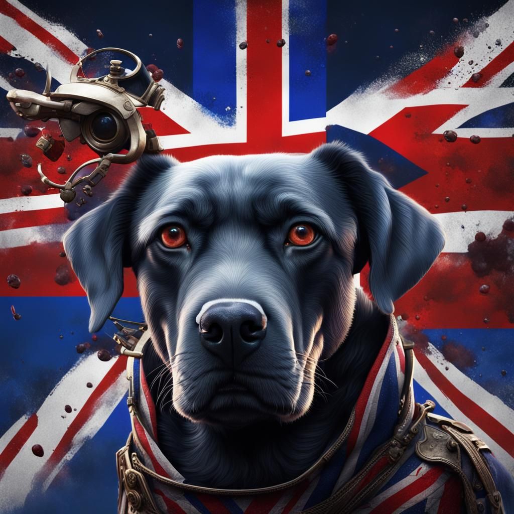 Dog Portrait with Union Jack in Detailed Digital Art