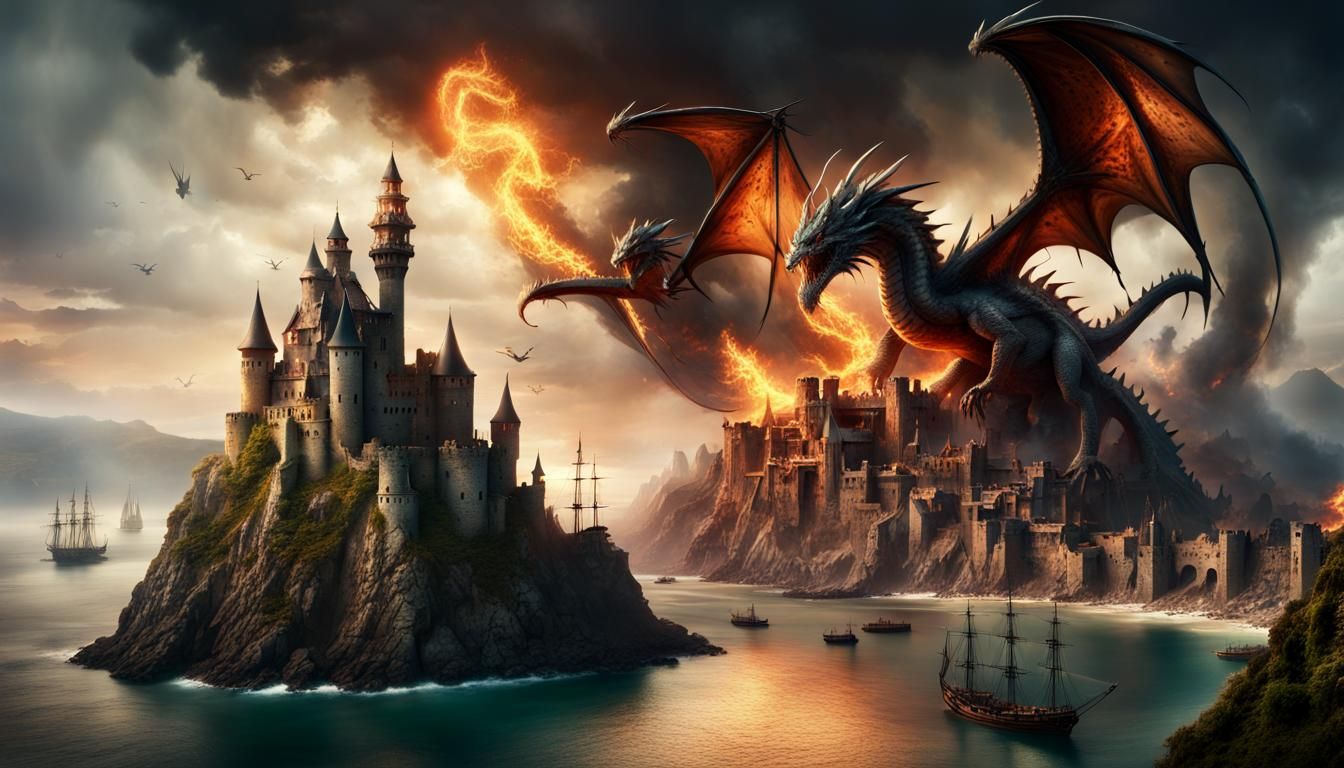 Epic Dragon Overlooking Burned Pirate Village