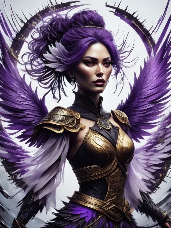 Purple Winged Warrior with Angelic Halo Aura in Cyberpunk St...