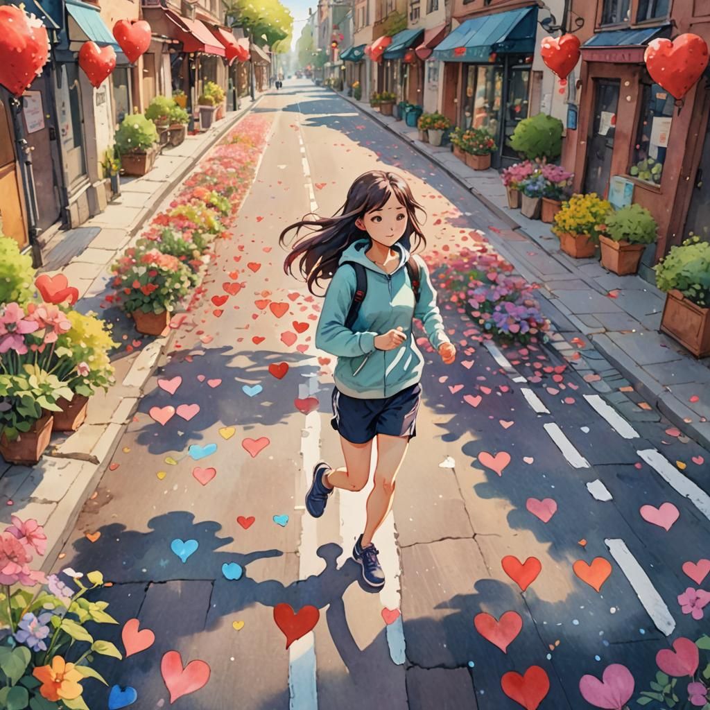 Anime Girl Jogging with Hearts in Watercolor Style
